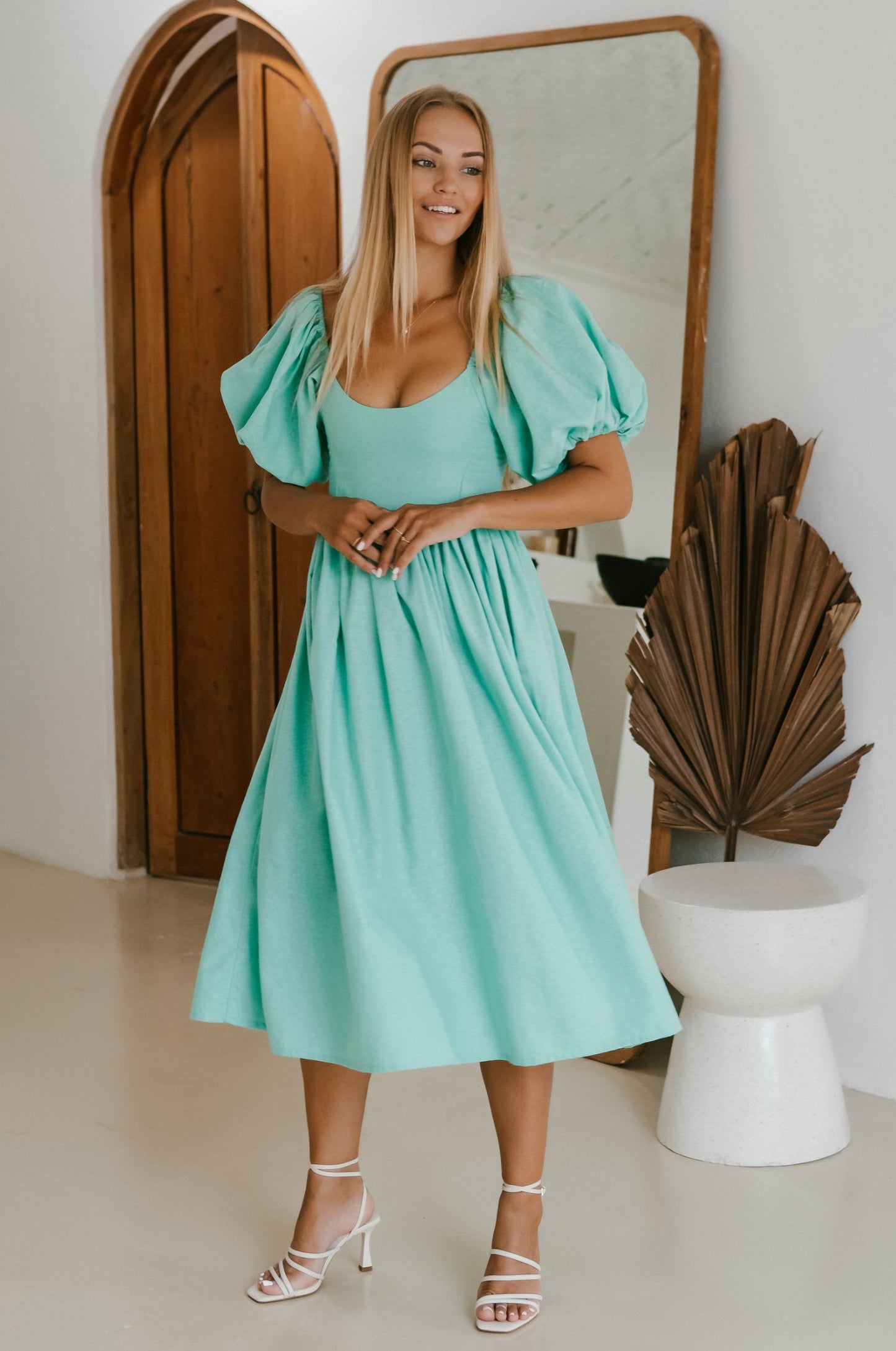 Puff-Sleeve Linen Midi Dress — Golden Hour