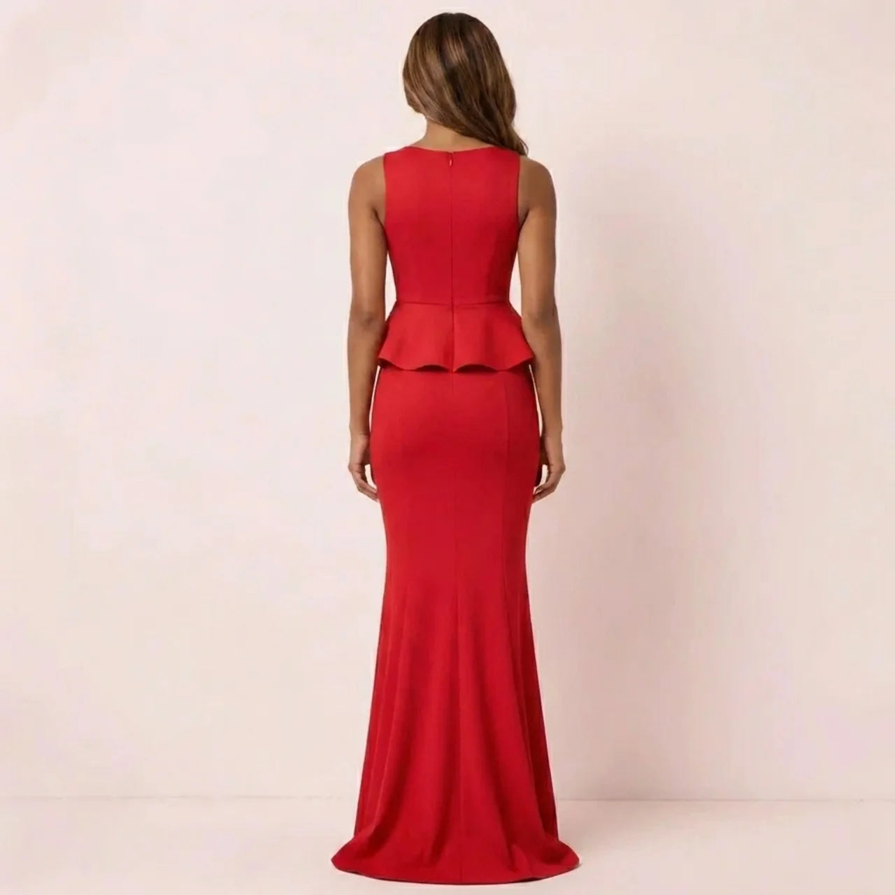Mona | Red Elegant Maxi Dress with Peplum Waist – Sleeveless Evening Dress for Women