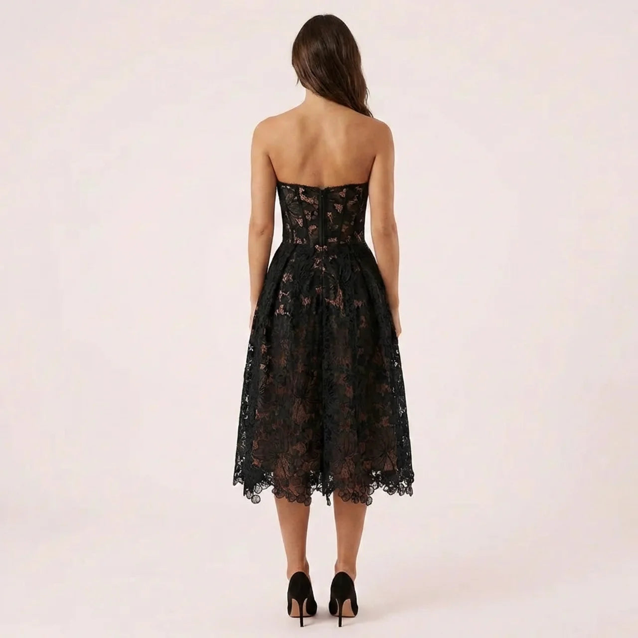 Amelia | Black Lace Midi Dress with Strapless Sweetheart Neckline – Elegant Evening Dress for Women