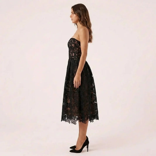 Amelia | Black Lace Midi Dress with Strapless Sweetheart Neckline – Elegant Evening Dress for Women
