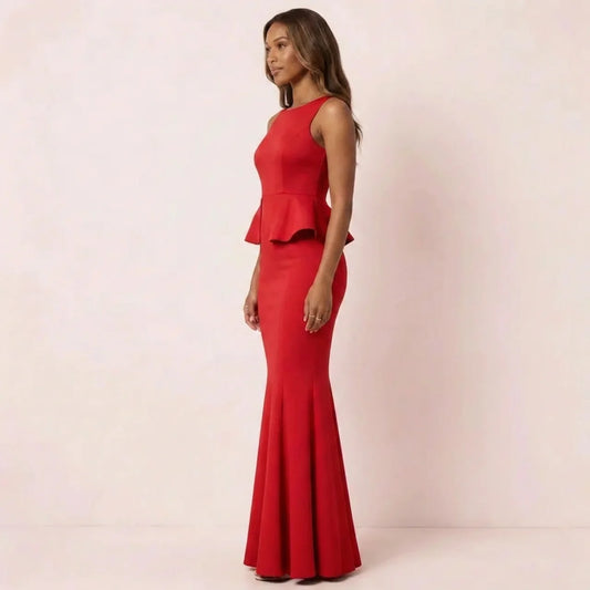 Mona | Red Elegant Maxi Dress with Peplum Waist – Sleeveless Evening Dress for Women