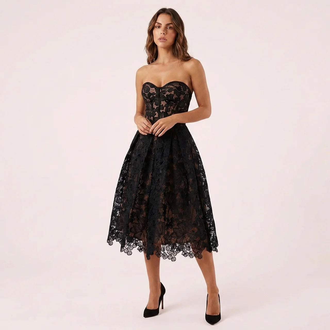 Amelia | Black Lace Midi Dress with Strapless Sweetheart Neckline – Elegant Evening Dress for Women