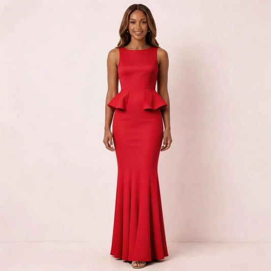 Mona | Red Elegant Maxi Dress with Peplum Waist – Sleeveless Evening Dress for Women