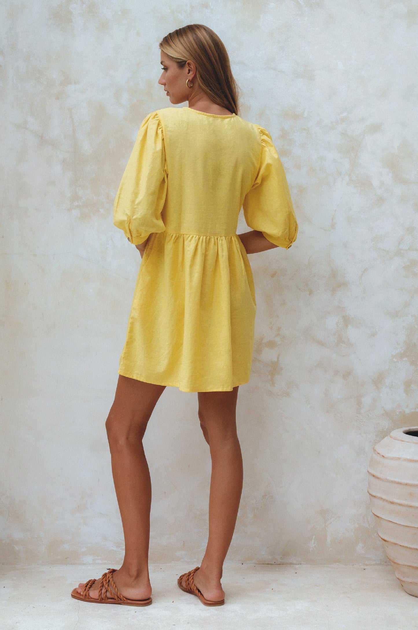 Puff-Sleeve Linen Mini Dress — After Hours