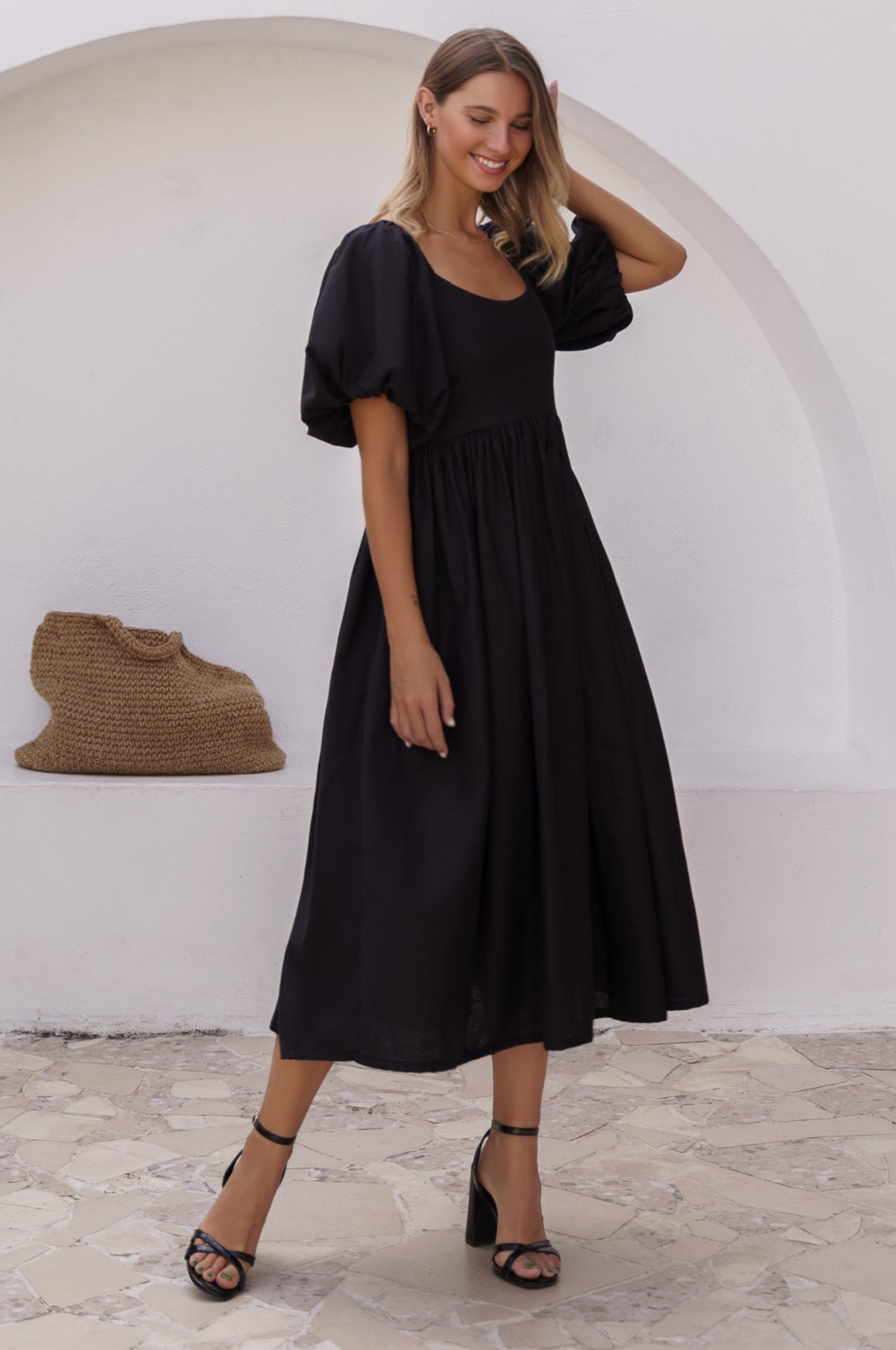 Puff-Sleeve Linen Midi Dress — Golden Hour