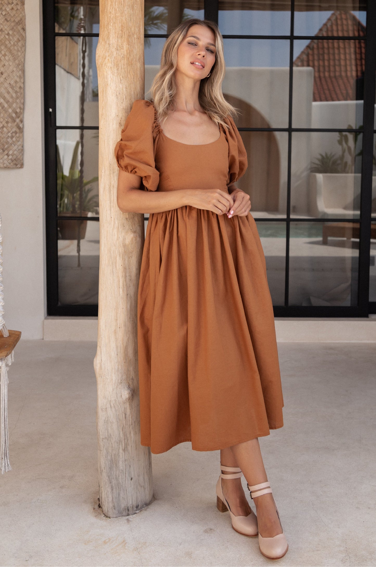 Puff-Sleeve Linen Midi Dress — Golden Hour