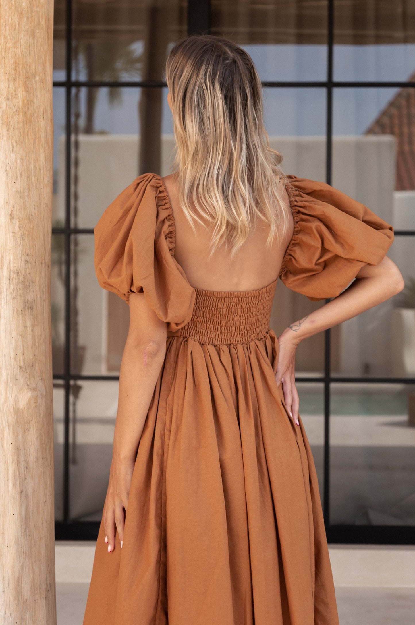Puff-Sleeve Linen Midi Dress — Golden Hour