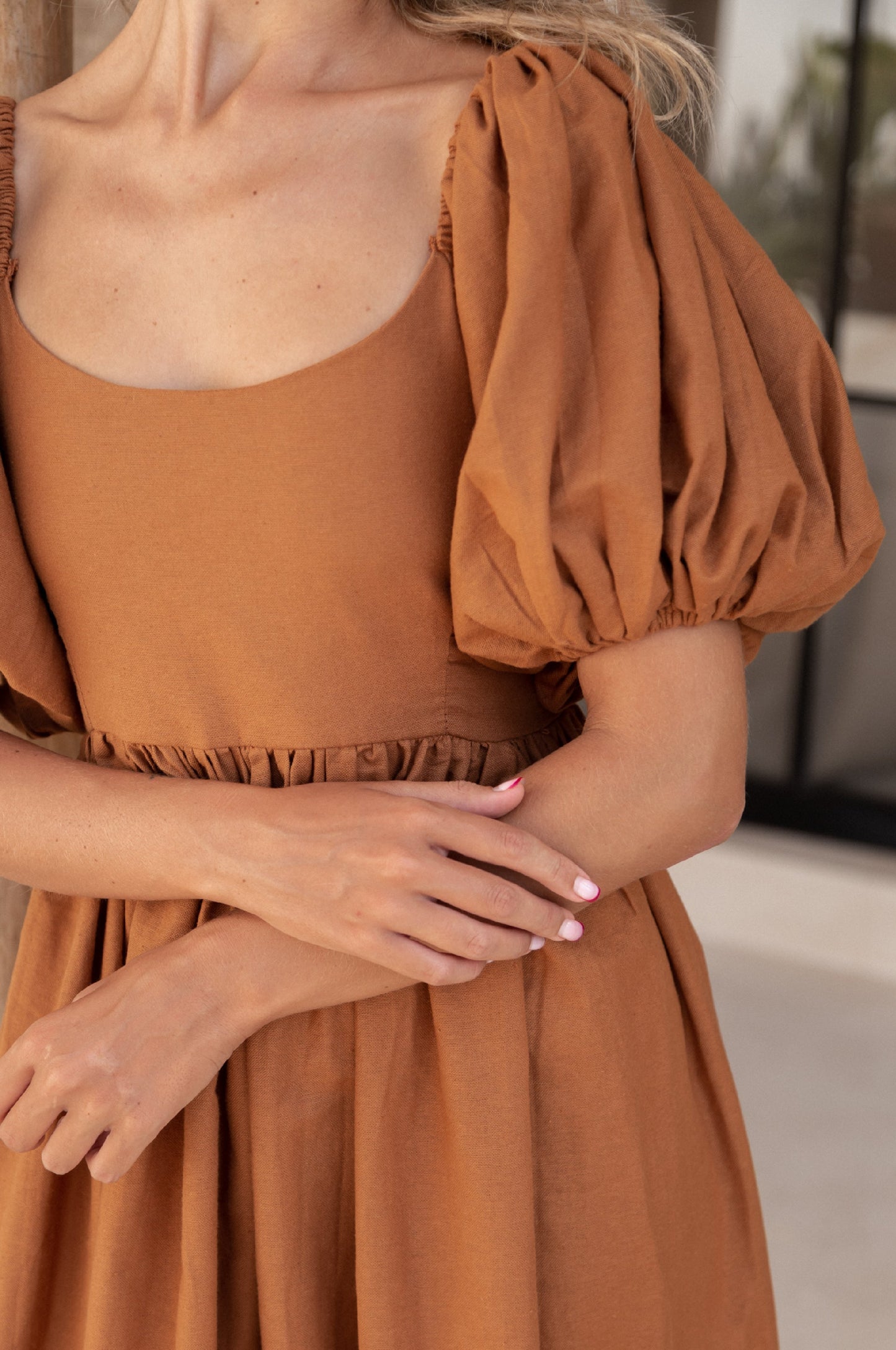 Puff-Sleeve Linen Midi Dress — Golden Hour