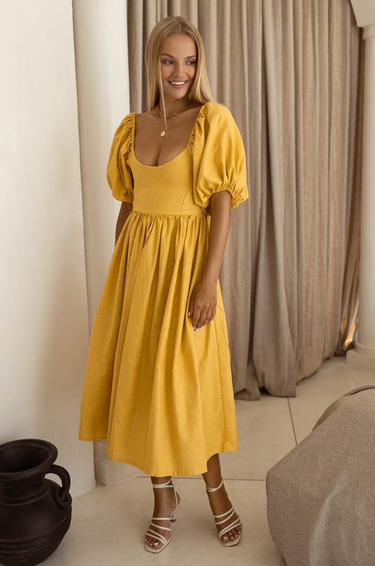 Puff-Sleeve Linen Midi Dress — Golden Hour