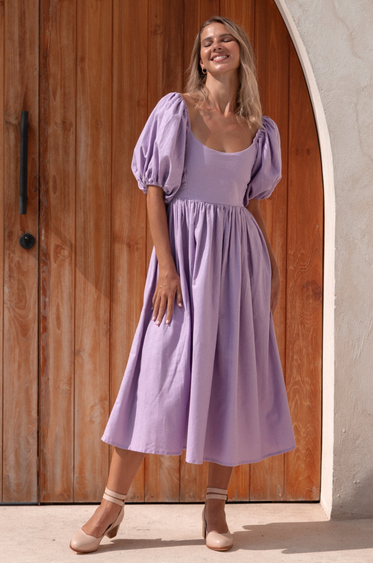 Puff-Sleeve Linen Midi Dress — Golden Hour