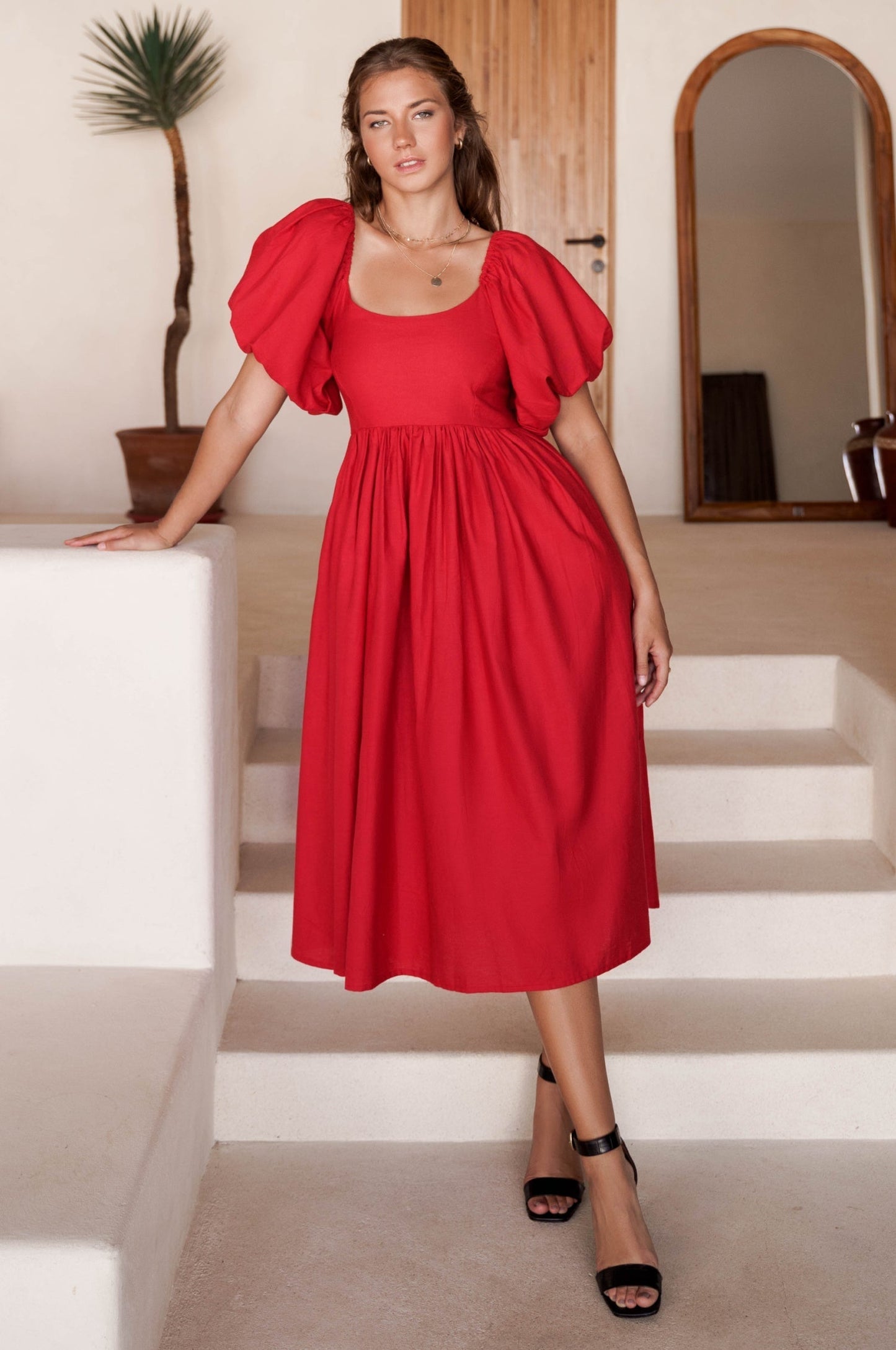 Puff-Sleeve Linen Midi Dress — Golden Hour