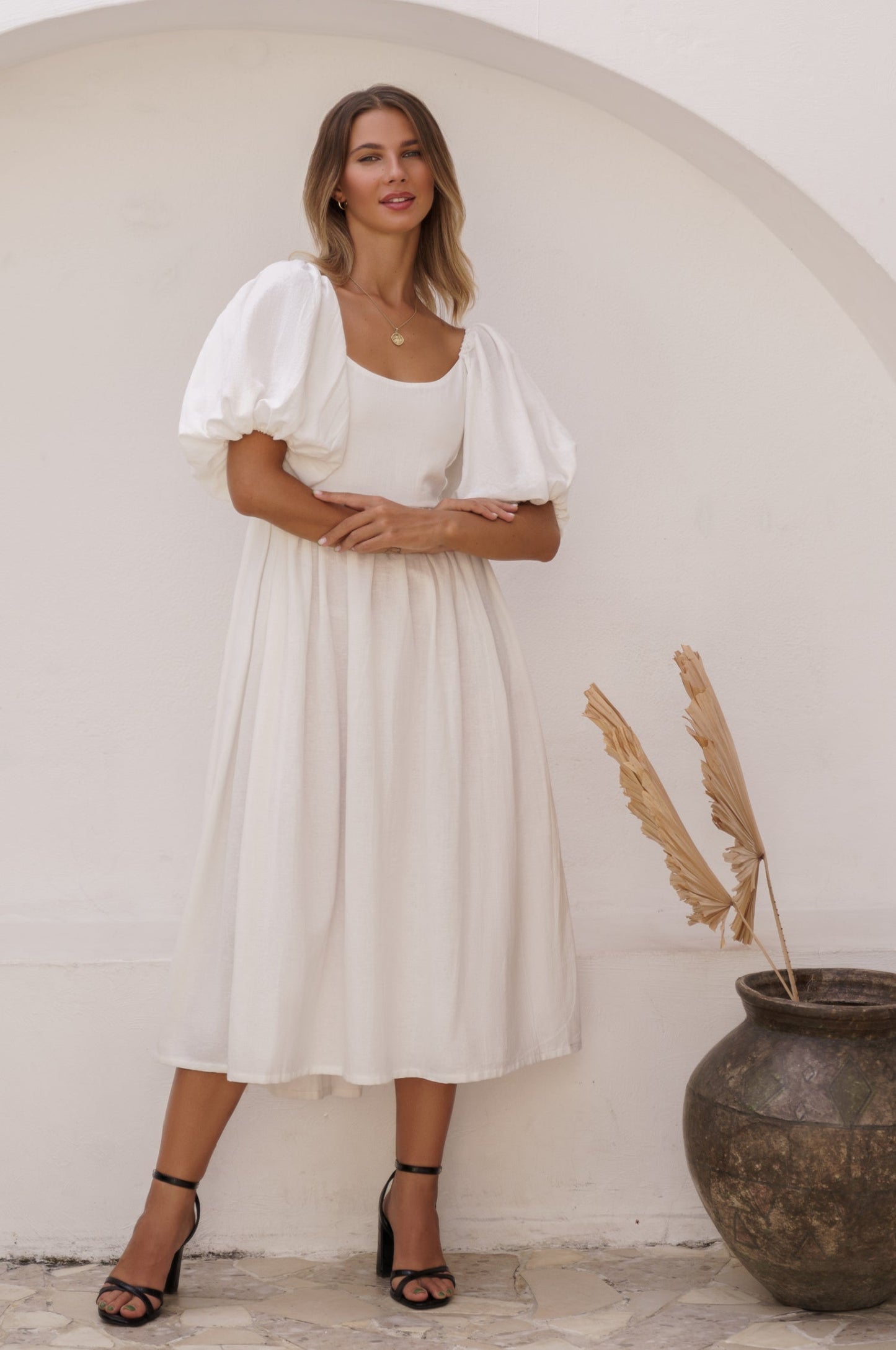 Puff-Sleeve Linen Midi Dress — Golden Hour