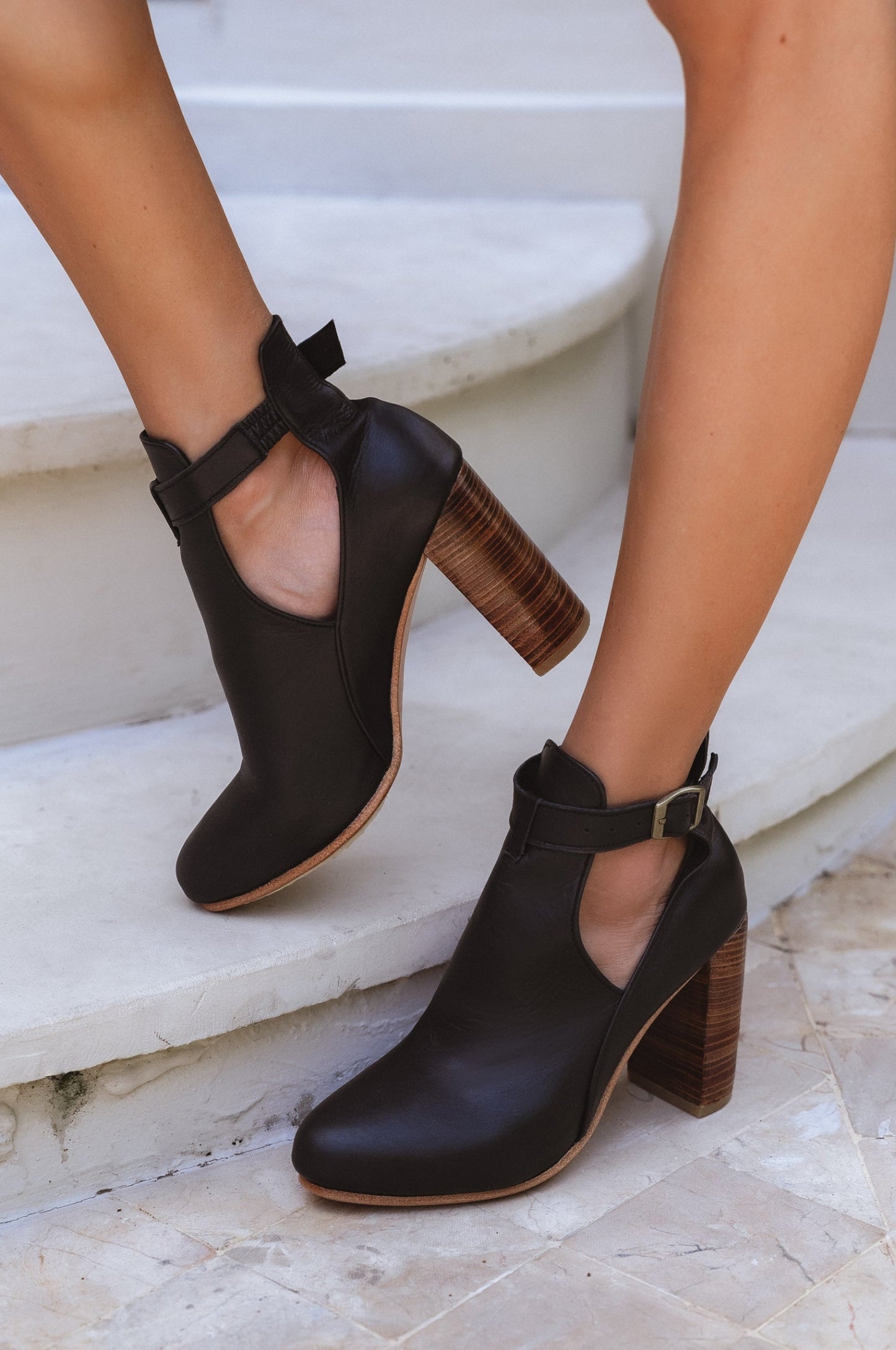 Wooden-Heel Leather Booties — City Edge