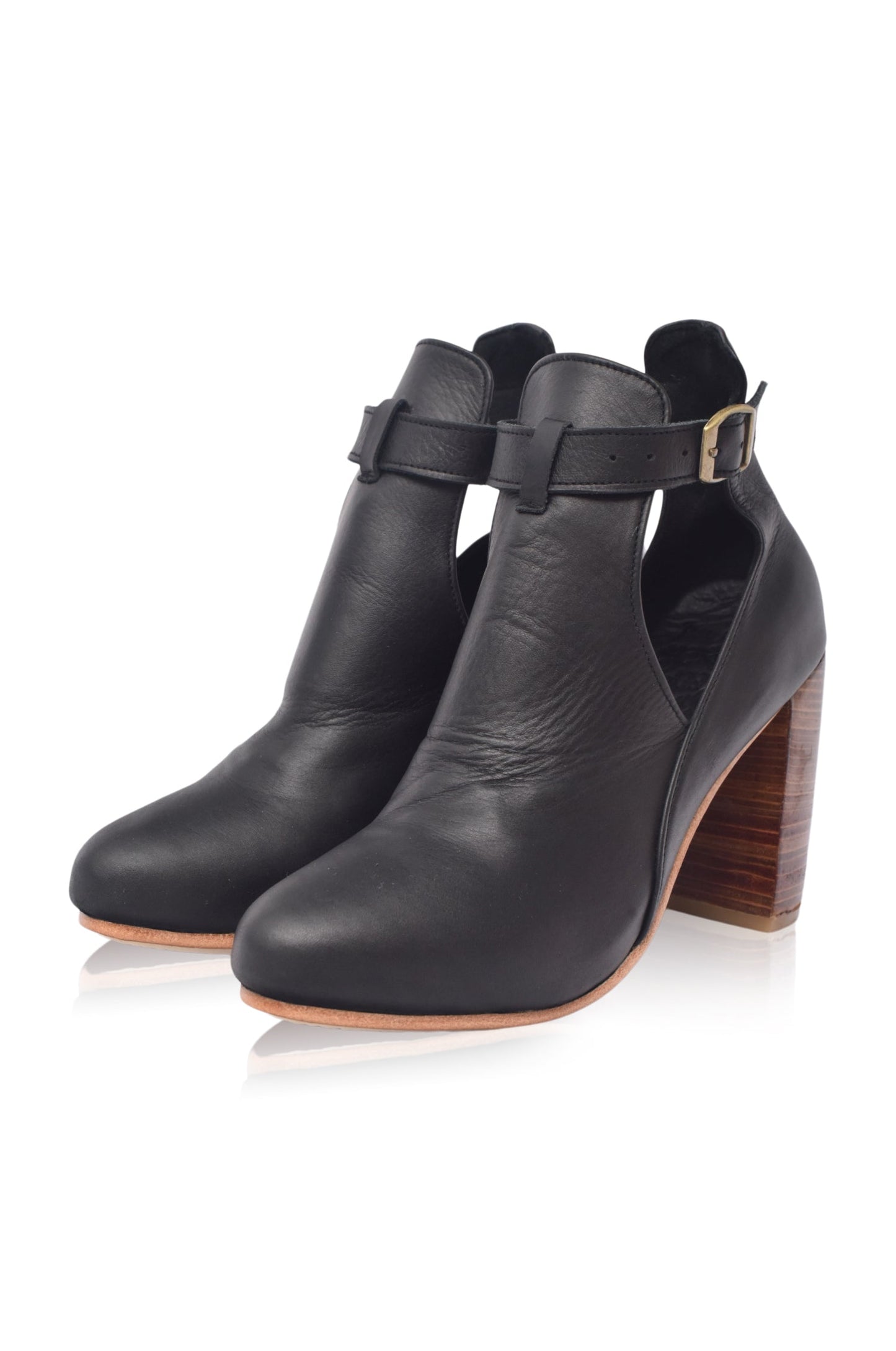 Wooden-Heel Leather Booties — City Edge