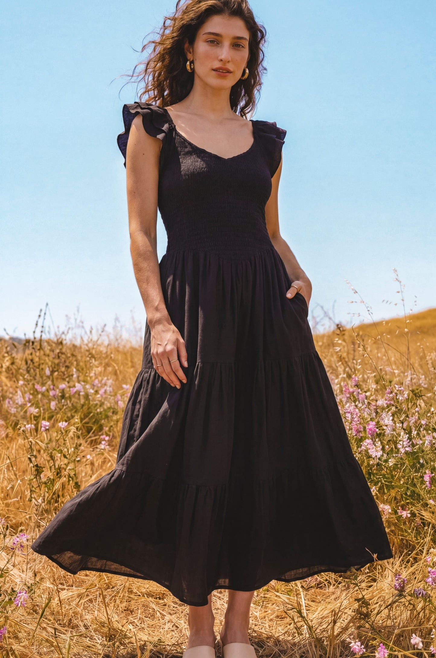 Smocked Linen Midi Dress — Slow Sunday