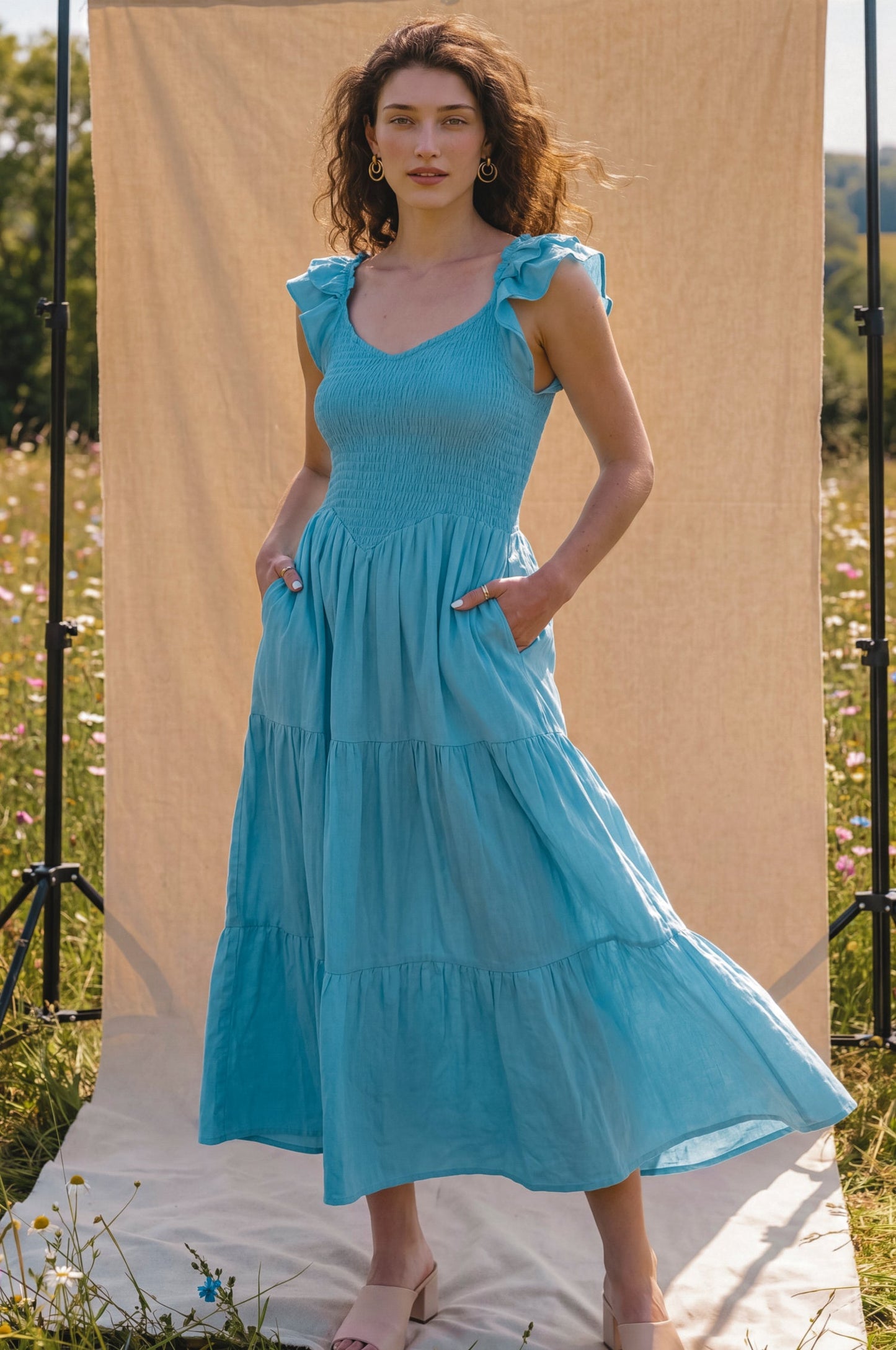 Smocked Linen Midi Dress — Slow Sunday