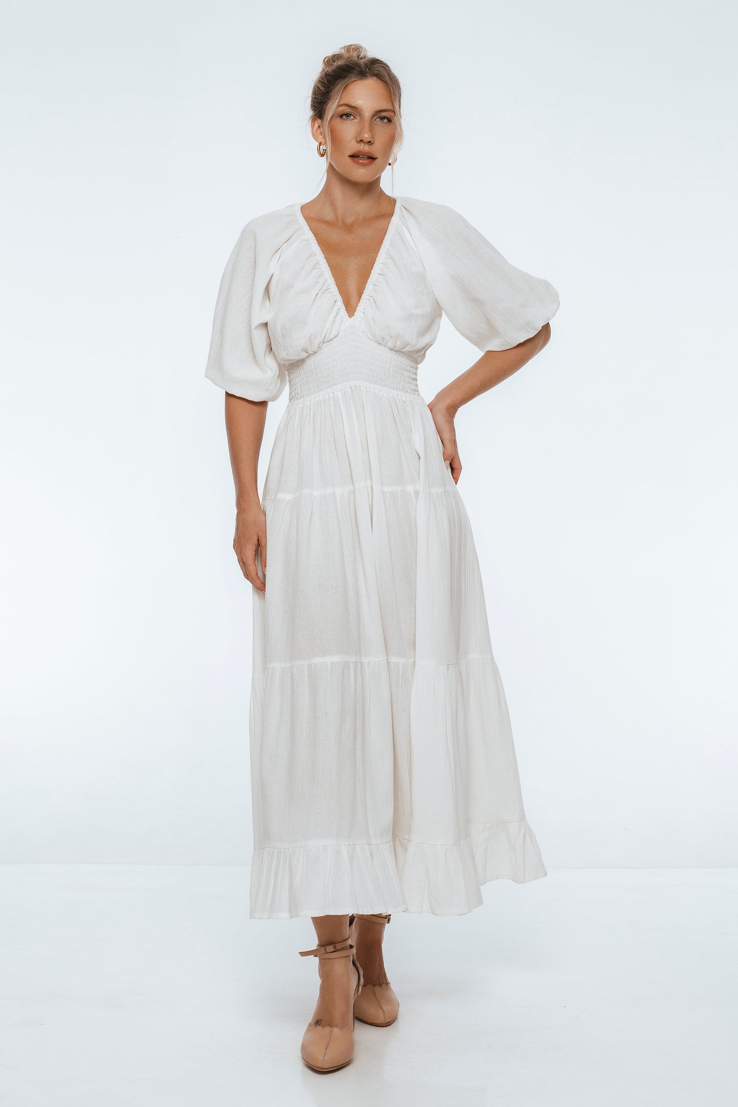 Tiered Smocked Linen Maxi — Riviera Nights