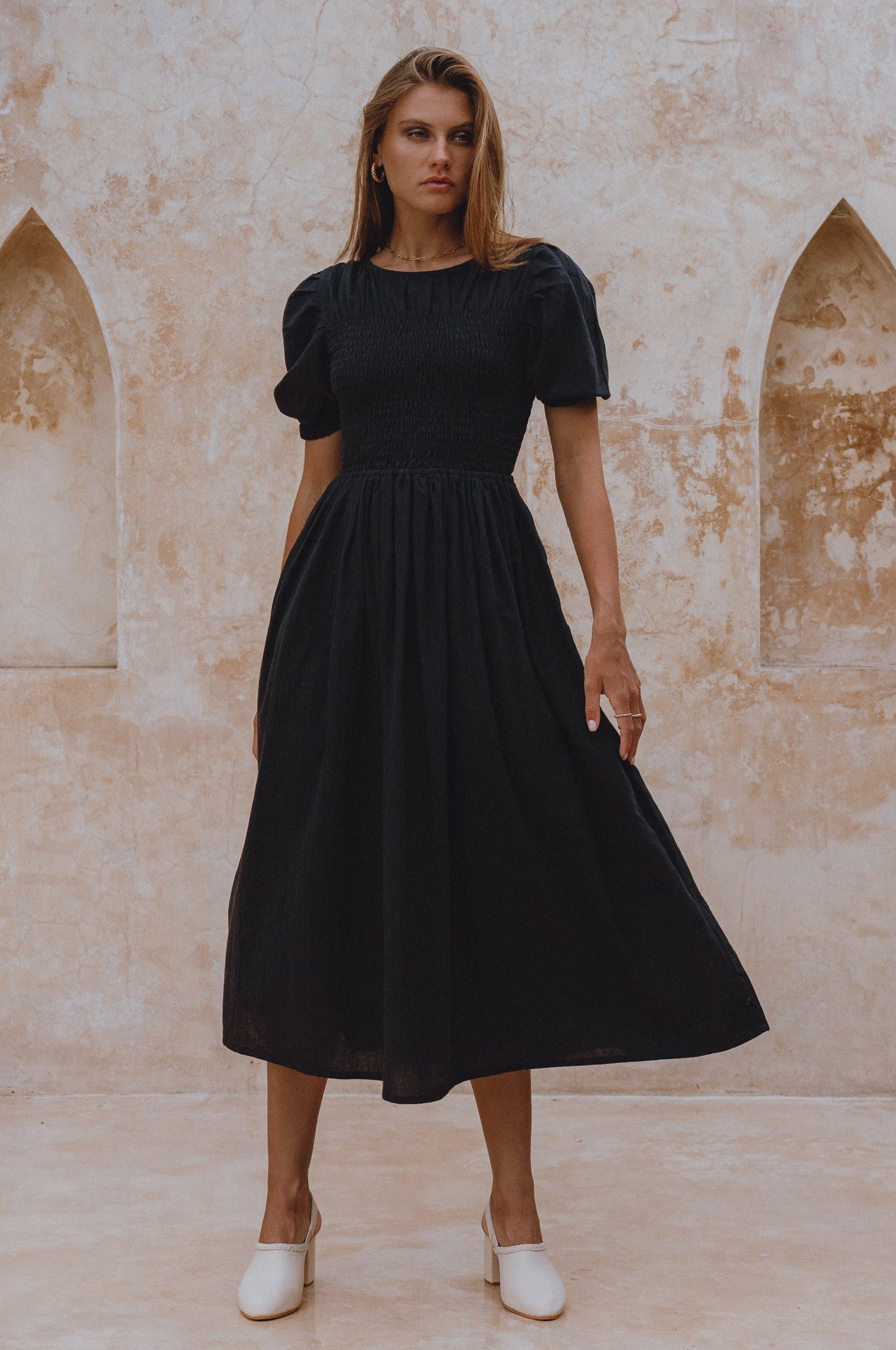 Smocked Linen Midi Dress — Sun's Out