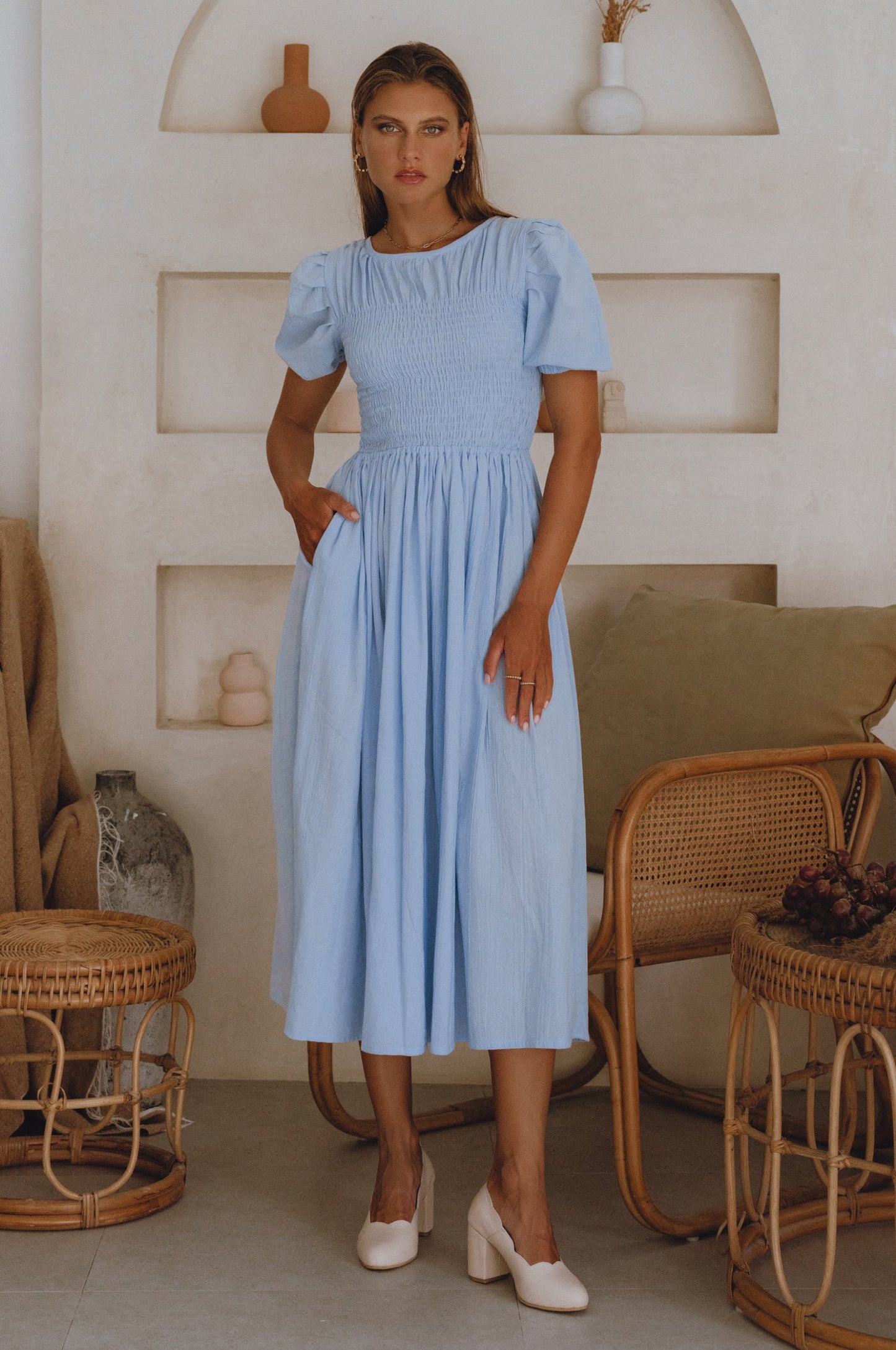 Smocked Linen Midi Dress — Sun's Out