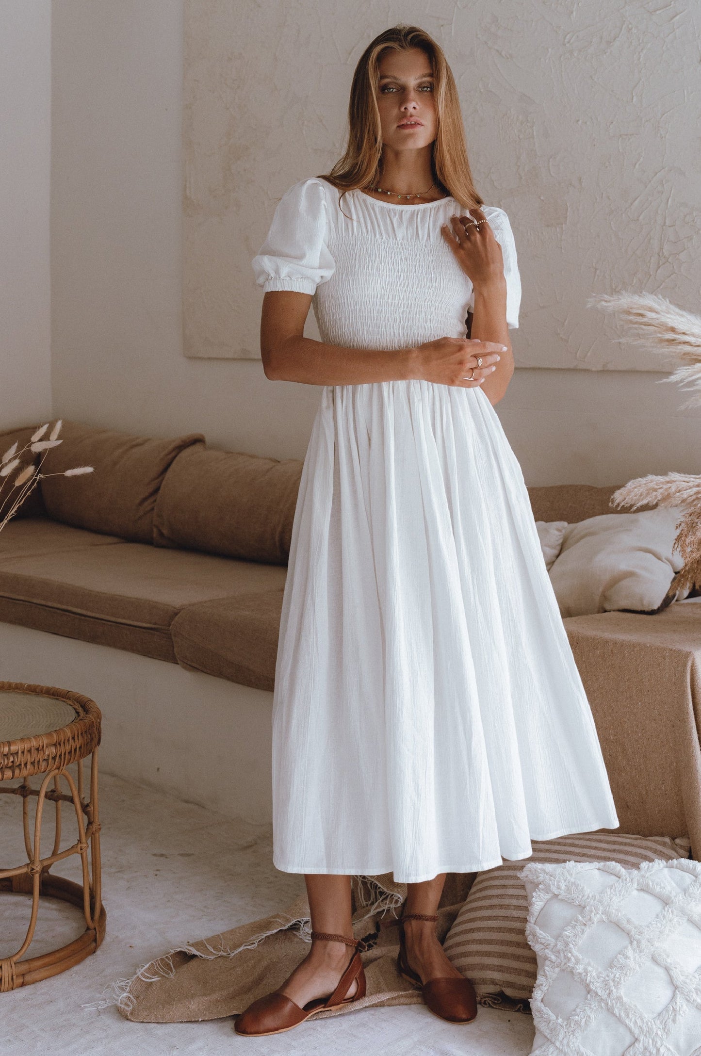 Smocked Linen Midi Dress — Sun's Out